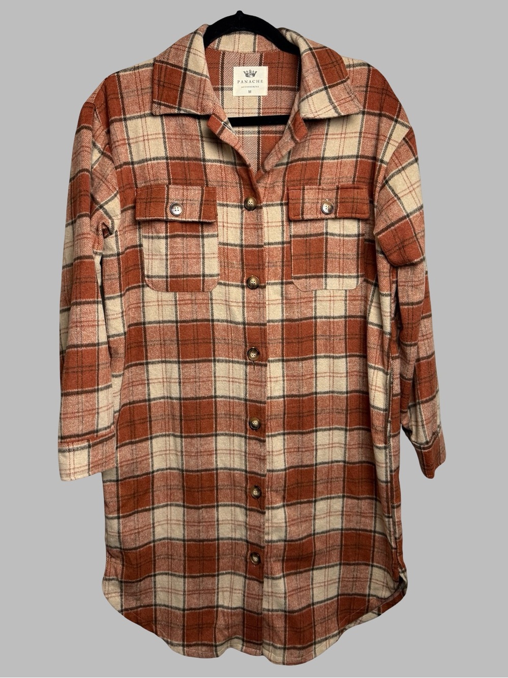 Panache Shacket Jacket Plaid Long Duster M Tan Brown Pockets Artsy Festival Boho